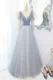 Cute V-Neck Tulle Beaded Long Prom Dress, Gray A-Line Evening Party Dress HZ1024