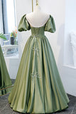 Green Satin A-Line Long Formal Dress, Green Junior Prom Dress HZ1024