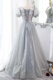 Gray Tulle Lace Long Party Dress, A-Line Evening Dress HZ1024