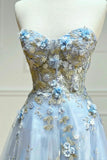 Blue Tulle Appliques Long Prom Dresses, A-Line Strapless Evening Dresses HZ1024