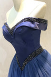 A-Line Tulle Beading Long Prom Dresses, Off the Shoulder Evening Dresses HZ1024