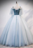 Lovely Spaghetti Strap Blue Long Prom Dresses, Lace Evening Dresses HZ1024