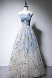 Blue Strapless Ombre Tulle Long Prom Dresses, A-Line Evening Dresses HZ1024