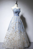 Blue Strapless Ombre Tulle Long Prom Dresses, A-Line Evening Dresses HZ1024