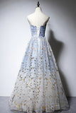 Blue Strapless Ombre Tulle Long Prom Dresses, A-Line Evening Dresses HZ1024