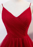 Burgundy Tulle Long Prom Dresses, V-Neck Evening Dress HZ1024