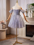 Shiny Tulle Sequins Knee Length Prom Dress, A-Line Off the Shoulder Evening Party Dress HZ1024