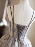 Gray Tulle Sequins Short Party Dress, Cute Spaghetti Strap Backless Evening Dress HZ1024
