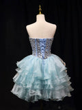 Blue Tulle Crystal Short Party Dress, A-Line Strapless Evening Party Dress HZ1024