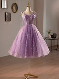 Purple Tulle A-Line Knee Length Party Dress, Lovely Spaghetti Strap Evening Prom Dress HZ1024
