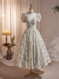 Beautiful Beading Pearl Sequins Green Prom Dresses, High Neckline Tea Length Sage Green Party Dress HZ1024