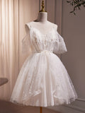 Ivory V-Neck Beaded Straps Party Dress, Ivory Knee Length Prom Dress HZ1024