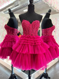 Cute Tulle Layers Short Prom Dress, Lace Strapless Homecoming Dress HZ1024
