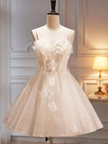 Champagne Spaghetti Strap Party Dress, Cute A-Line Evening Dress Homecoming Dress HZ1024