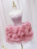 Pink Sweetheart Neckline Tulle Short Prom Dress with Rhinestones, Cute Party Dress HZ1024
