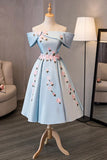 Blue Satin Off the Shoulder Prom Dresses, A-Line Homecoming Dresses HZ1024